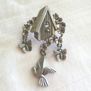 Pewter Bird House Butterfly Brooch
